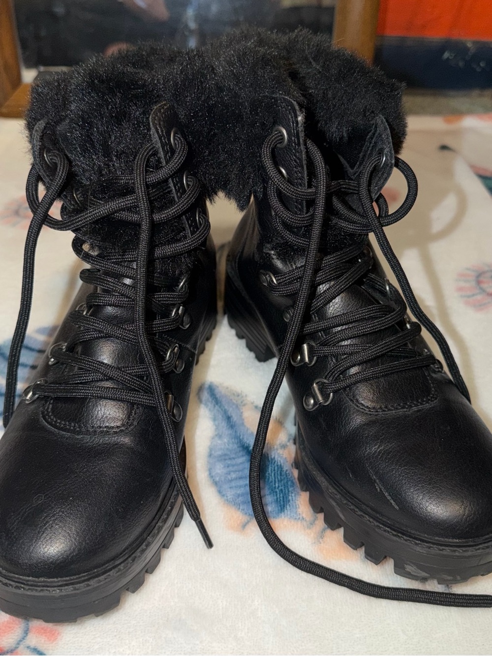Unionbay Black Fur Lined Lace Up Combat Boots